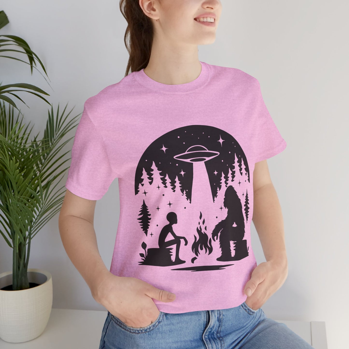 Camping Alien & Bigfoot Unisex Tee, Fun Outdoor Adventure Shirt, Gift for Nature Lovers, Unique Graphic T-Shirt, Summer Camp Outfit