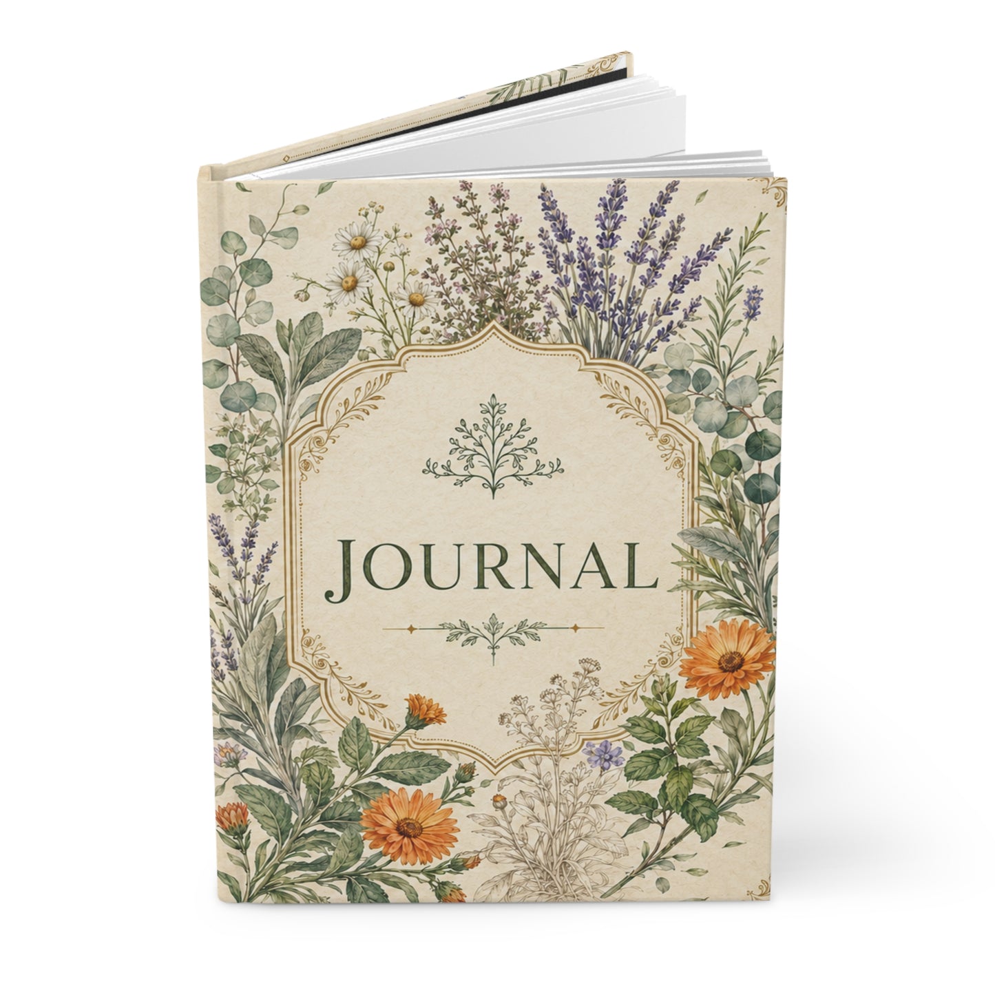 Botanical Floral Hardcover Journal — 'Journal' Vintage Herb Garden Notebook