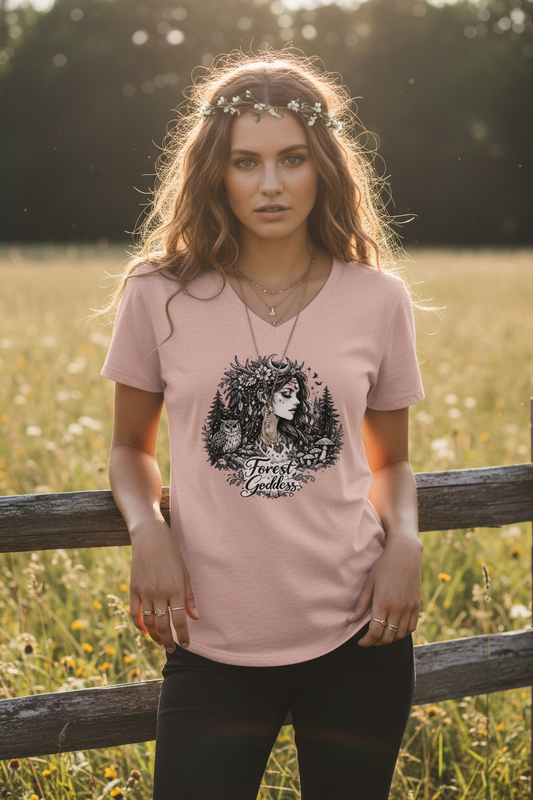 Forest Goddess V-Neck Tee — Women's Nature Spirit Graphic Shirt