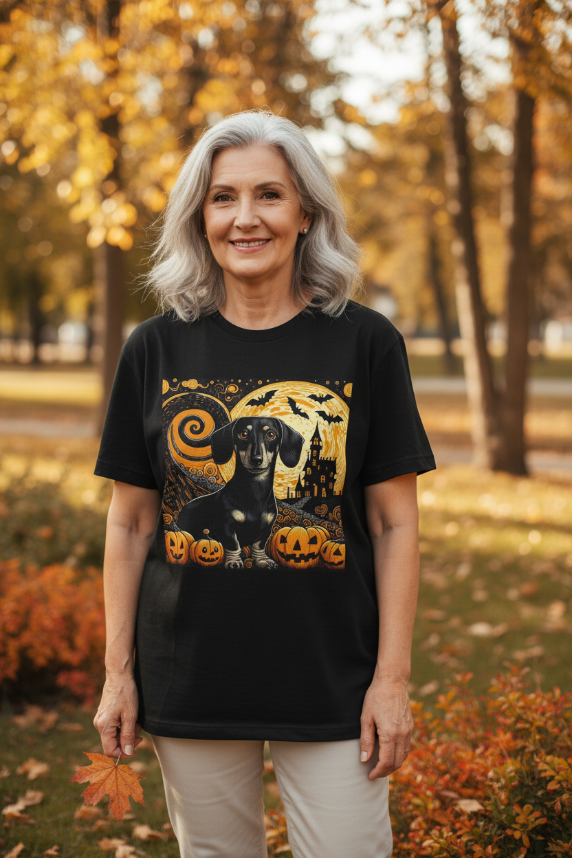 Halloween Dachshund Graphic Tee, Spooky Dog Shirt, Fall T-Shirt, Cute Pet Lover Gift, Unisex Halloween Apparel, Pumpkin Halloween Top