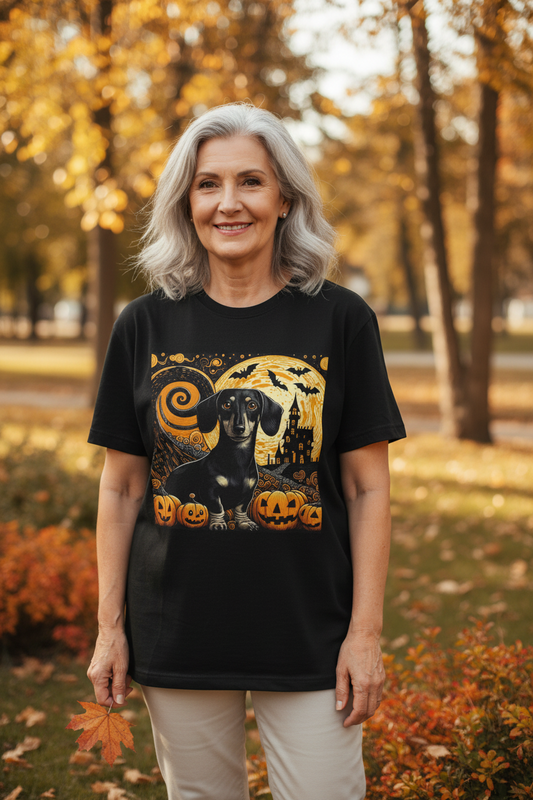 Halloween Dachshund Graphic Tee, Spooky Dog Shirt, Fall T-Shirt, Cute Pet Lover Gift, Unisex Halloween Apparel, Pumpkin Halloween Top