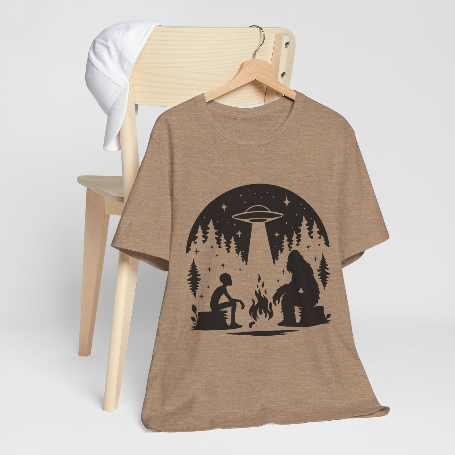 Camping Alien & Bigfoot Unisex Tee, Fun Outdoor Adventure Shirt, Gift for Nature Lovers, Unique Graphic T-Shirt, Summer Camp Outfit