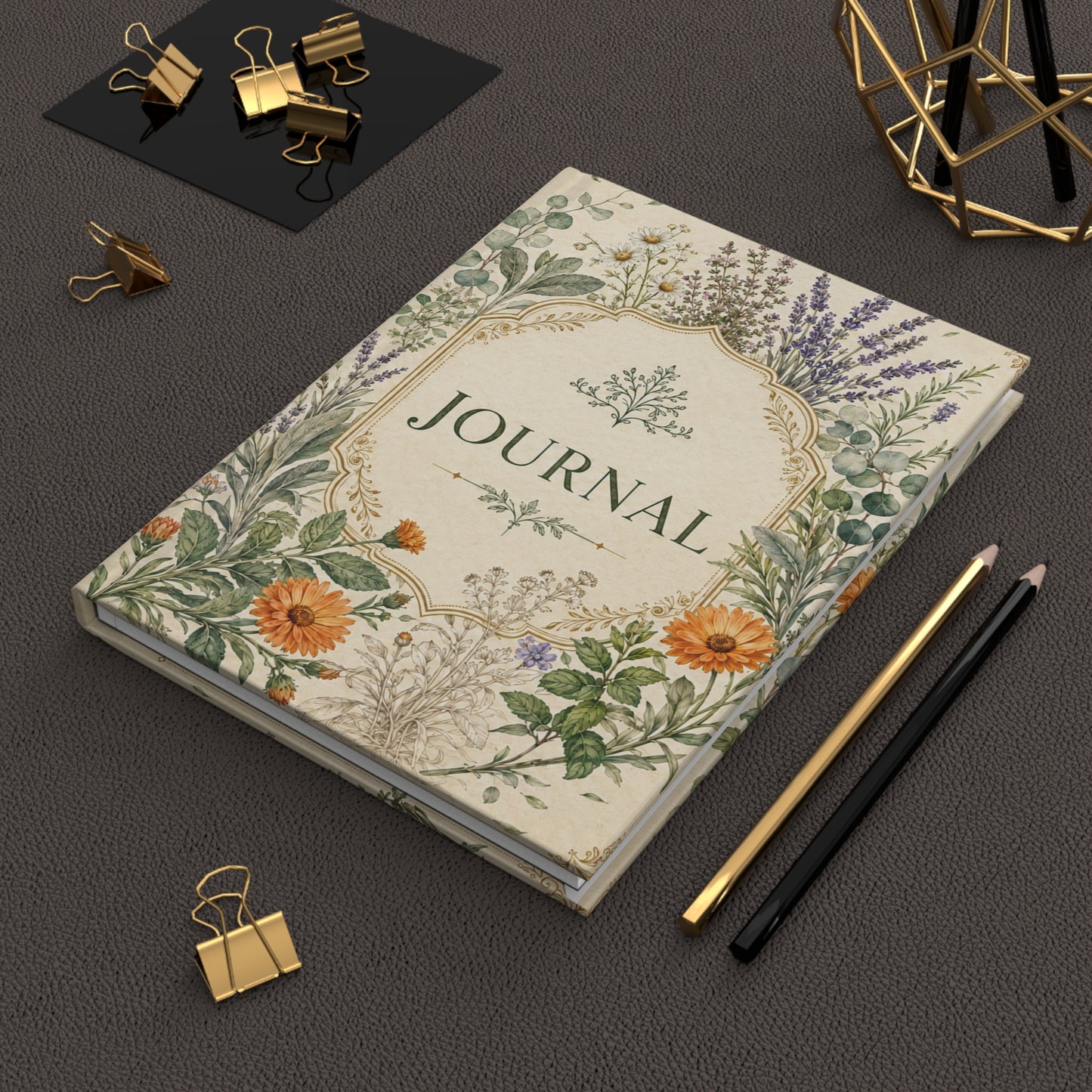 Botanical Floral Hardcover Journal — 'Journal' Vintage Herb Garden Notebook