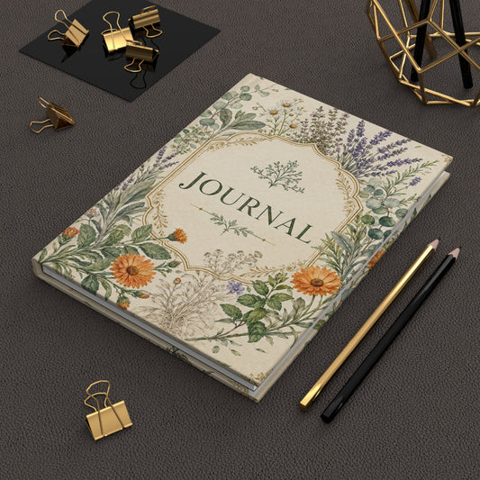 Botanical Floral Hardcover Journal — 'Journal' Vintage Herb Garden Notebook