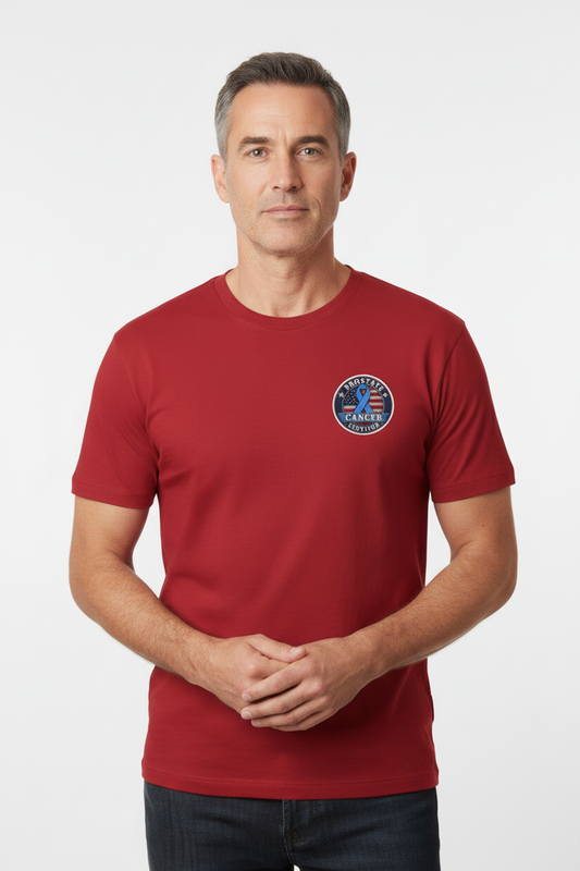 T-Shirt — American Cancer Support Ribbon Chest Patch, Prostate Cancer Survivor