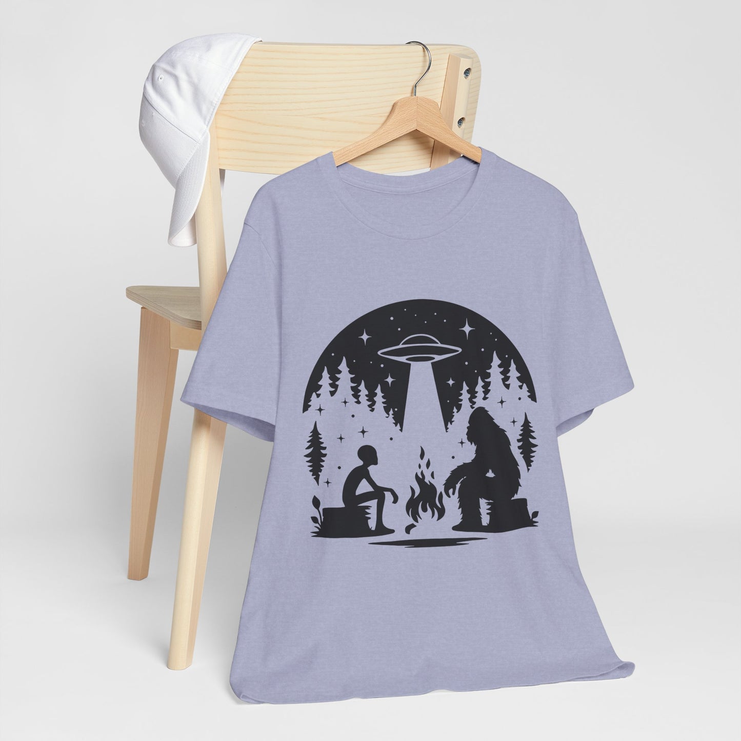Camping Alien & Bigfoot Unisex Tee, Fun Outdoor Adventure Shirt, Gift for Nature Lovers, Unique Graphic T-Shirt, Summer Camp Outfit