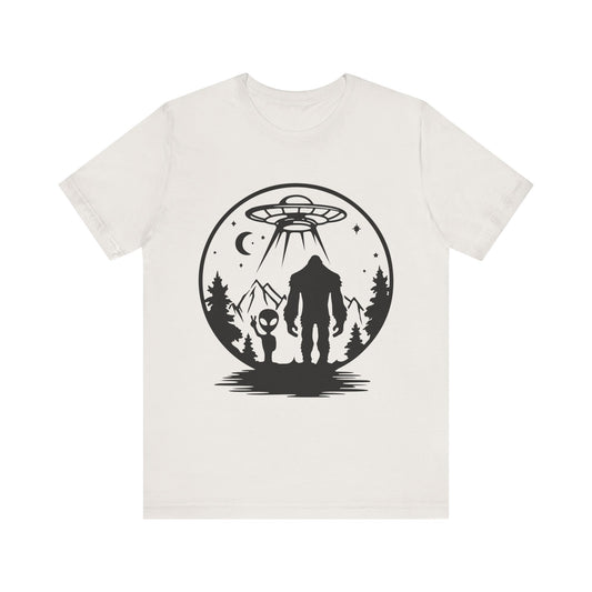 Mystical Bigfoot & Alien Tee - Unisex Jersey Shirt for Adventure Lovers, Nature T-Shirt, Gift for UFO Enthusiasts, Outdoorsy Style