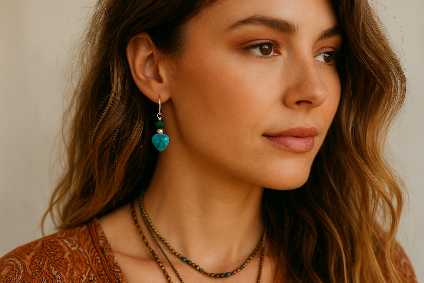 Bohemian model wearing simplified earrings with one silver bead