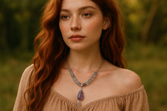 Fluorite necklace on red-haired bohemian woman
