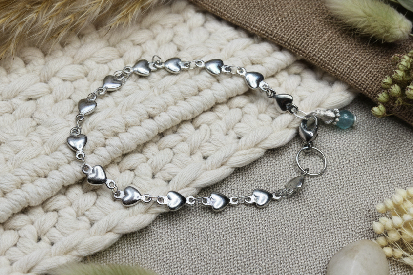 Steel Heart Bracelet, Apatite Gemstone, Minimalist, Heart