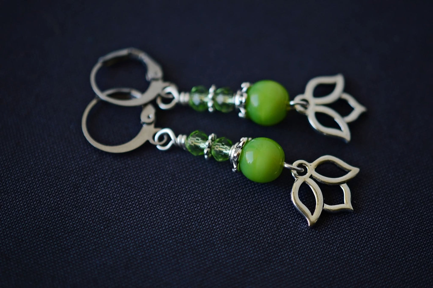 Lime Green Lotus Earrings, Healing Jewelry, Lotus, Czech