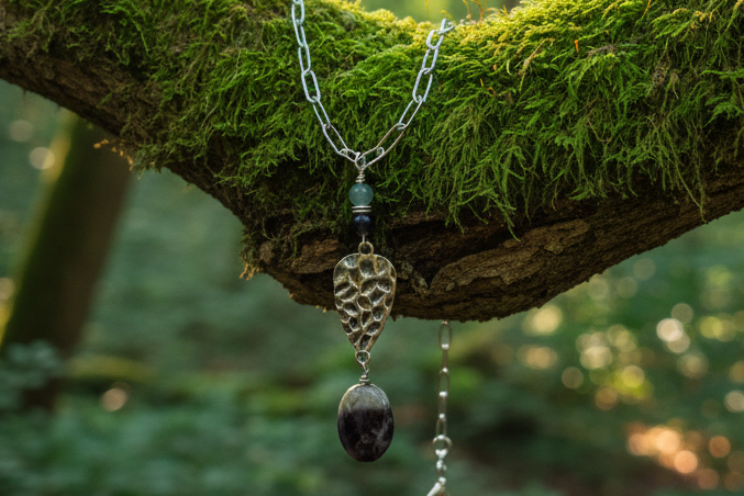 Paperclip Necklace, Steel Gemstone, Amethyst & Burma Jade