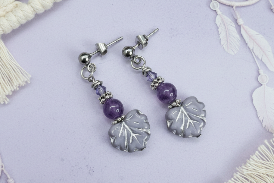 Purple Agate Earrings,  Steel, Hypoallergenic, Sensitive Skin, Gemstone Ball Post, Czech Leaf, Lavender Purple