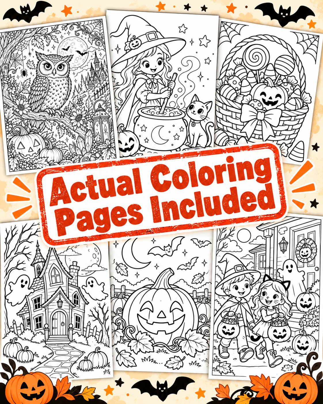 Digital Coloring Pages, Halloween Downloadable, Kids Coloring Pages, All Ages