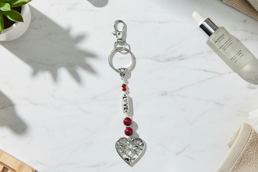 Key Chain, Purse Charm, Gemstone Beaded Chain, Zipper Pull,  Heart, Red Jade