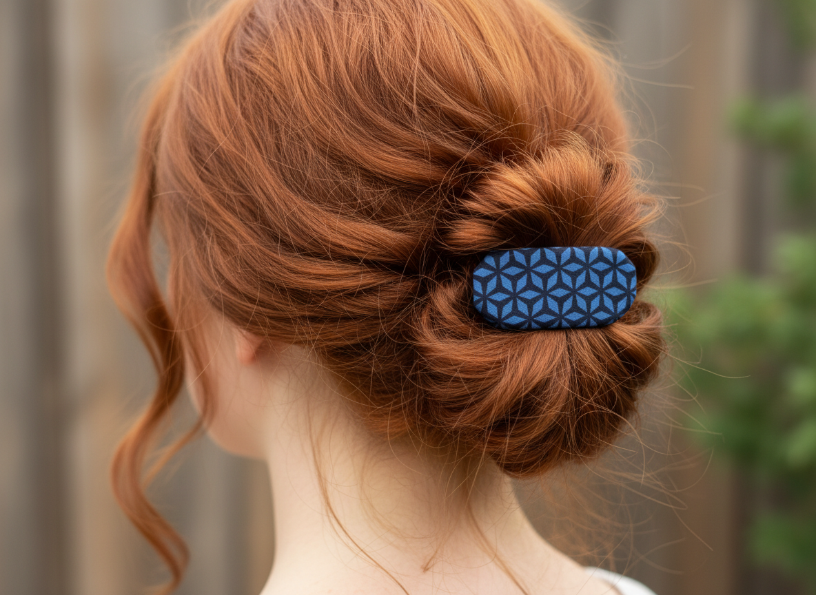 Blue Geometric French Hair Clip, Fabric Clip, 3 Inch, Oval