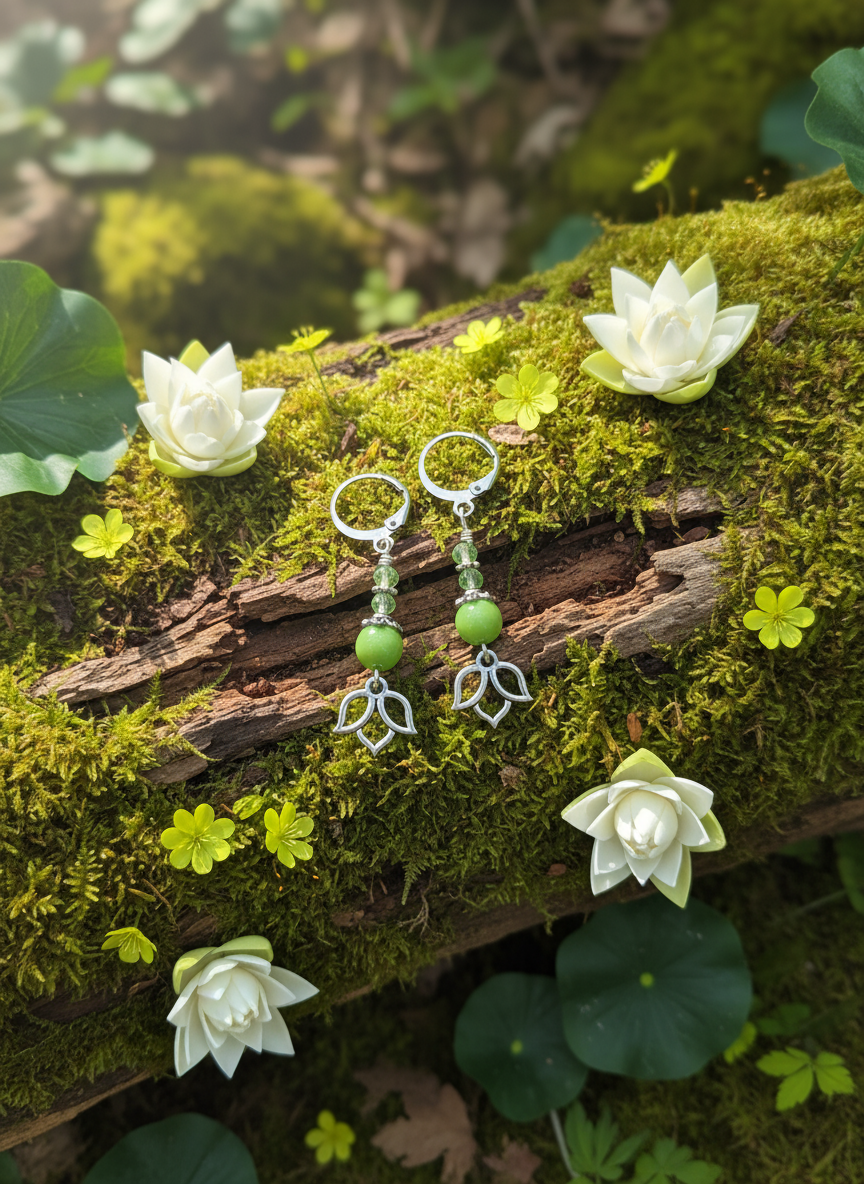 Lime Green Lotus Earrings, Healing Jewelry, Lotus, Czech