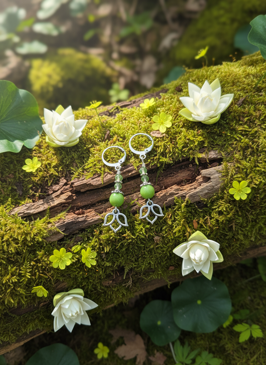 Lime Green Lotus Earrings, Healing Jewelry, Lotus, Czech