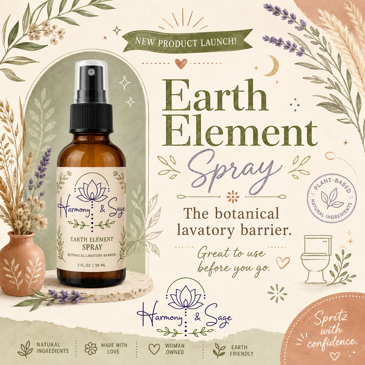 Bathroom Spray, Earth Elements Spray, Lavatory Spray, Toilet Spray, 2 oz