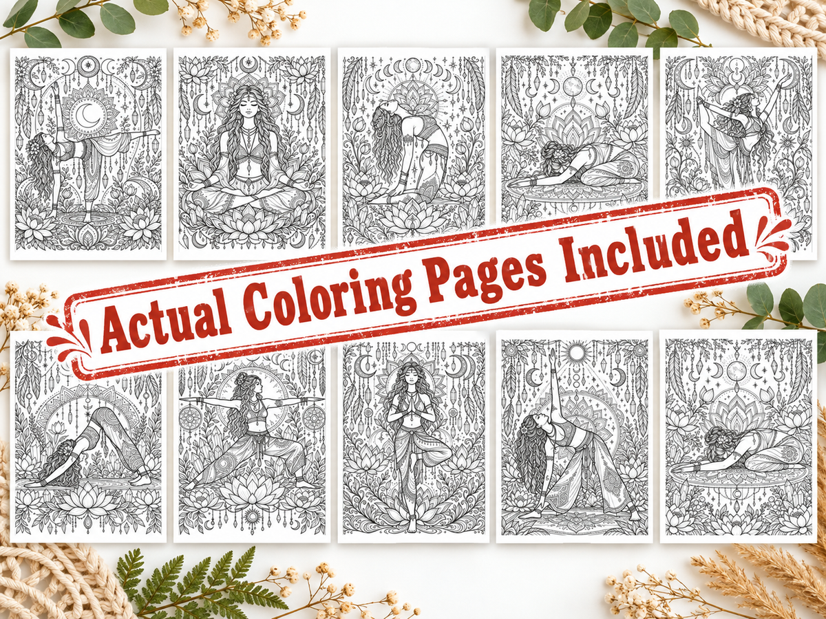 Digital Coloring Pages, Adult Coloring Art, Boho Yoga, Relaxation