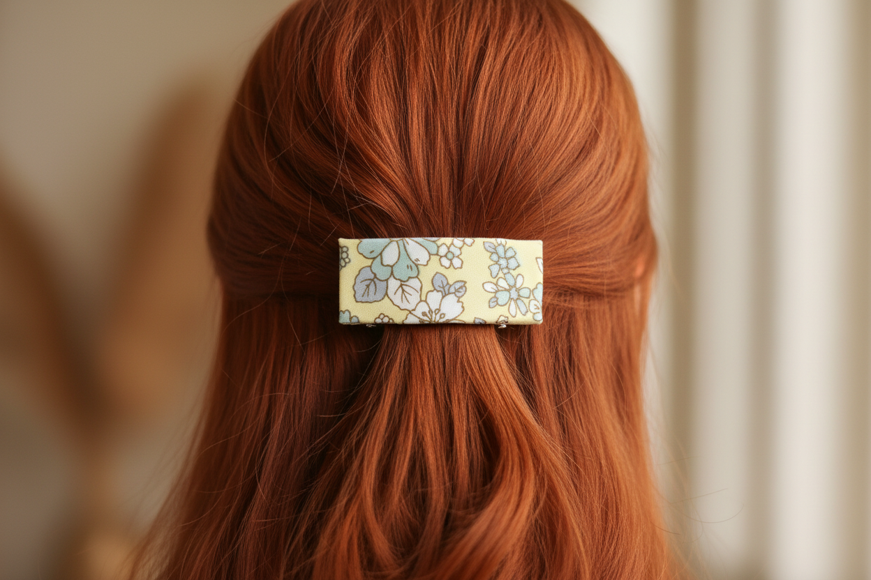 Yellow & Gray Floral French Fabric Hair Clip, Hair Clip, 2.5 Inch, Rectangle