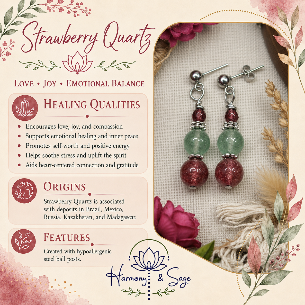 Strawberry Quartz Earrings, Steel, Hypoallergenic, Sensitive Skin, Gemstone Ball Post