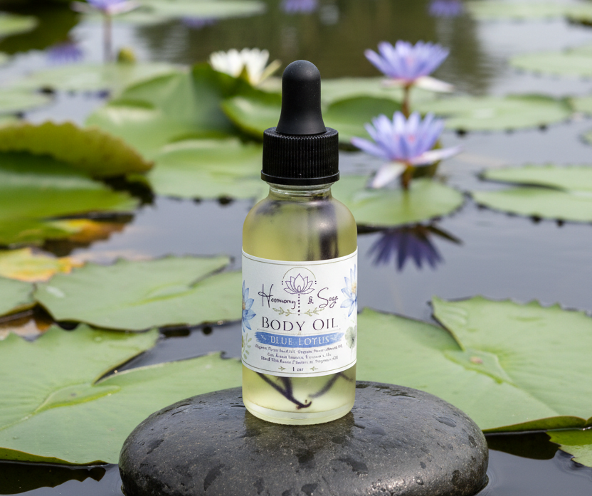 Blue Lotus Infused Body Oil - Limited Edition- Lotus Blossom, Egyptian Blue Lotus Oil, Sweet Almond Oil,  Hemp Seed Oil, Vitamin E Oil