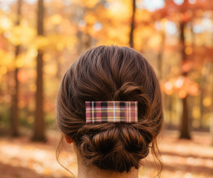 Handmade Fall Plaid Hair Clip, 2.5" Barrette, Leather Lined,  Fabric Clip, French Style