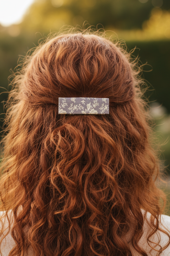 Vintage Gray Floral French Hair Clip, Fabric Clip, 3.25 Inch, Rectangle, Leather Lined Barrette - Harmonyandsage