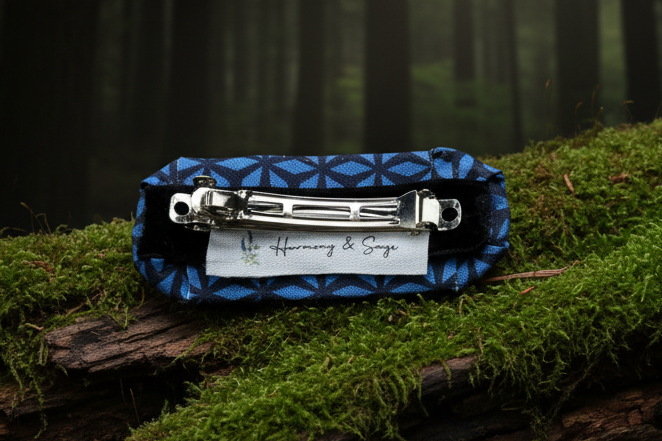 Blue Geometric French Hair Clip, Fabric Clip, 3 Inch, Oval