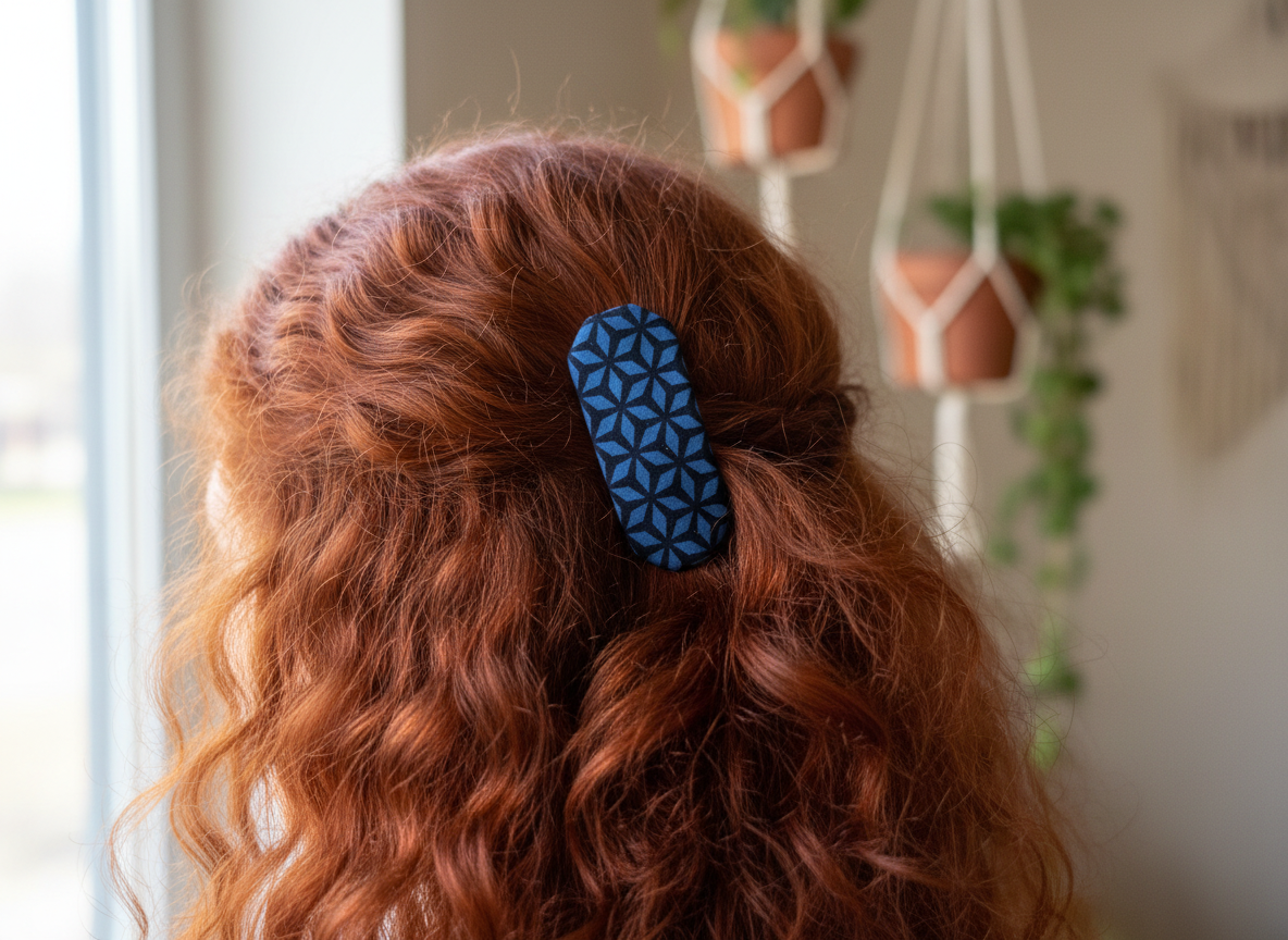 Blue Geometric French Hair Clip, Fabric Clip, 3 Inch, Oval