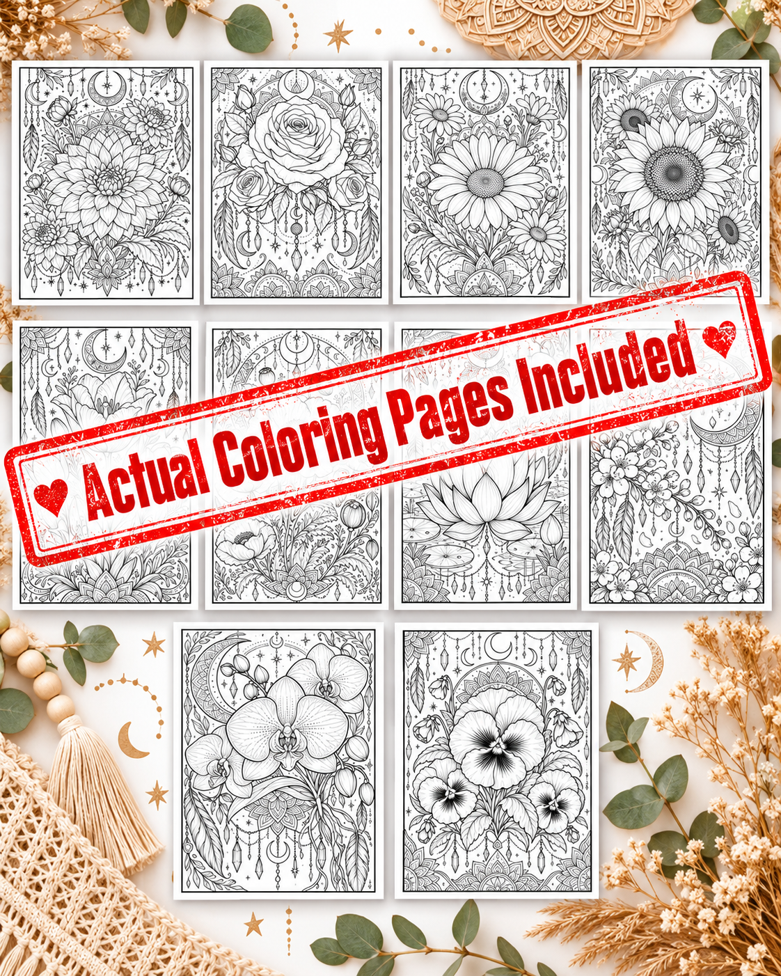 Digital Coloring Pages, Adult Coloring Art, Boho Flowers, Relaxation