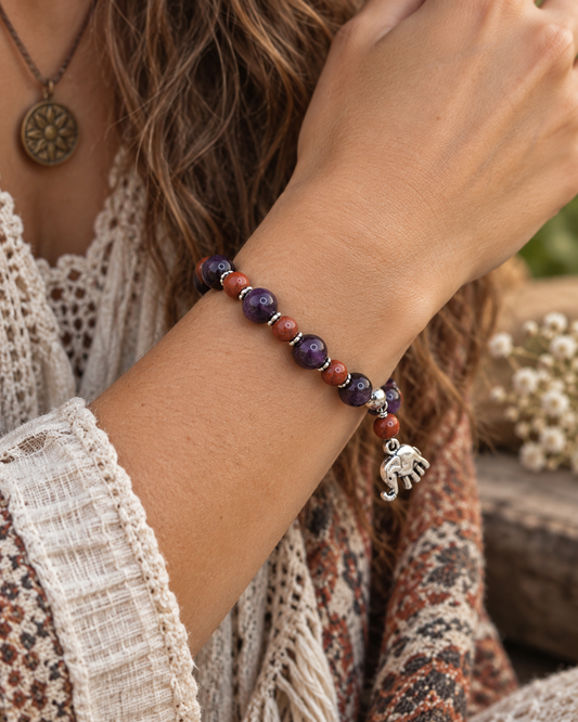 Amethyst & Red Jasper Gemstone Bracelet, Elephant Stretch Bracelet, Grounding, Calming, 7.25 Inch