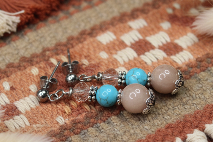 Peach Moonstone & Magnesite Earrings, Steel, Hypoallergenic, Sensitive Skin, Gemstone Ball Post