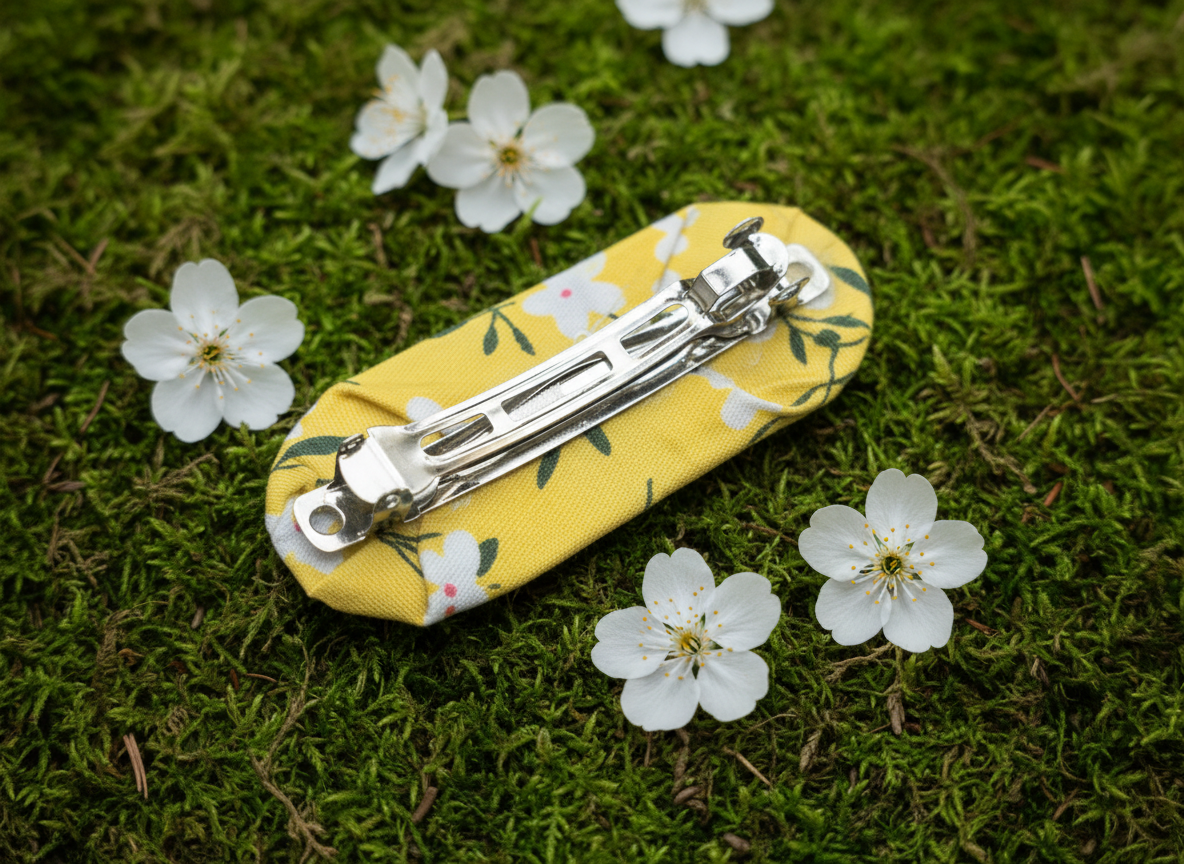 Flower Blossom French Hair Clip, Fabric Hair Clip, 2.5 Inch, Oval Clip, Yellow, Green Leaves