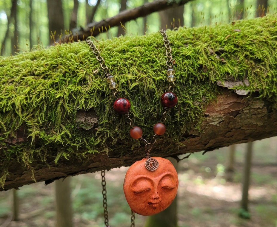 Handmade Moon Face Polymer Clay Copper Necklace, Carnelian, Beaded