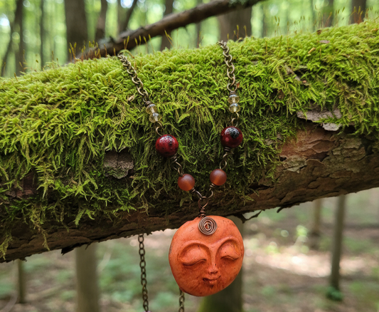 Handmade Moon Face Polymer Clay Copper Necklace, Carnelian, Beaded