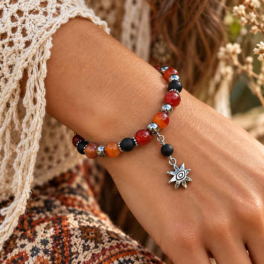 Carnelian, Steel & Onyx Gemstone Bracelet, Evil Eye Stretch Bracelet,  Anxiety Bracelet, 6.75 Inch, Grounding, Protection