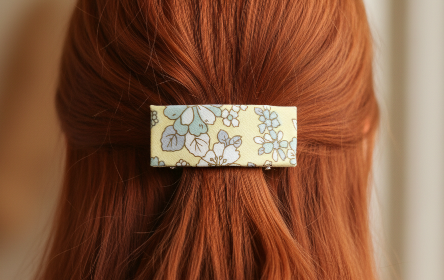 Yellow & Gray Floral French Fabric Hair Clip, Hair Clip, 2.5 Inch, Rectangle
