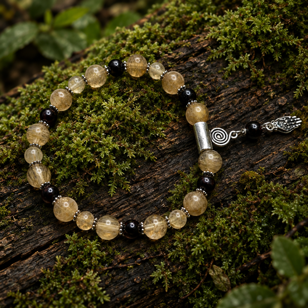 Hamsa with Lotus Quartz & Garnet Gemstone Bracelet, Inner Peace