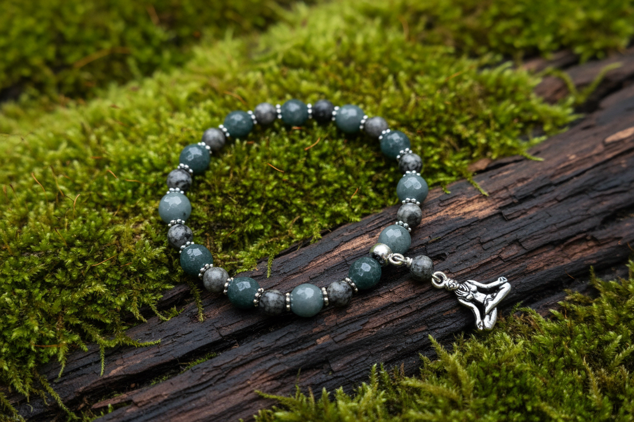 Jade & Fossil Jasper Healing Gemstone Bracelet, Yoga Stretch Bracelet