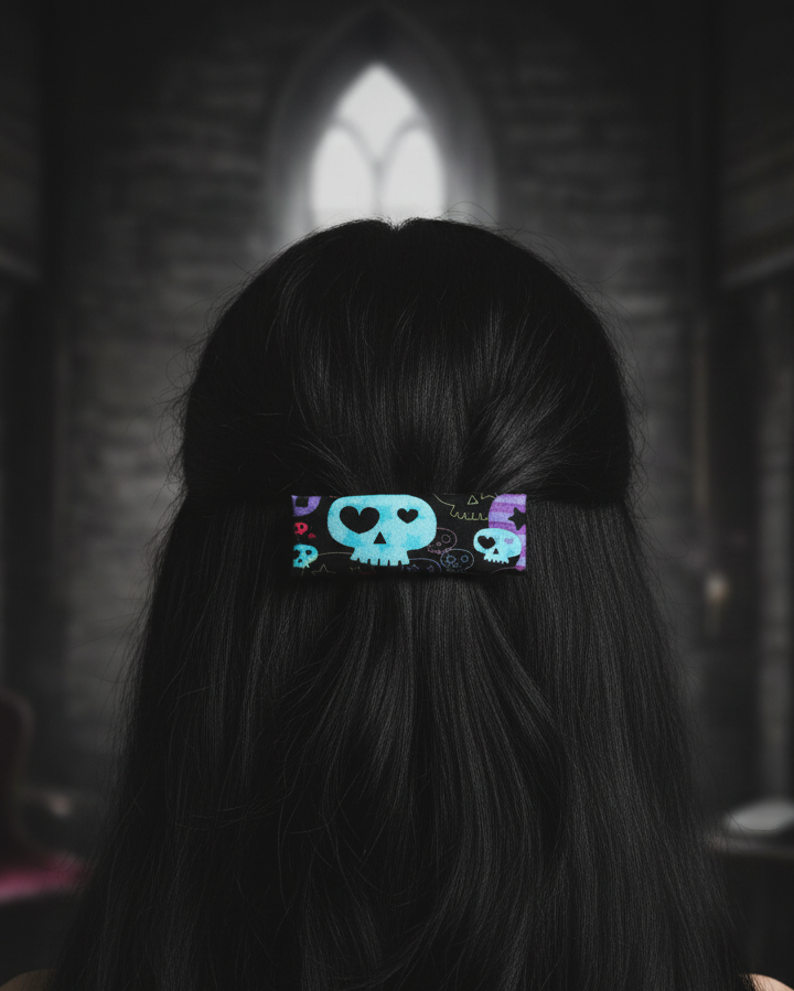 Cute Skull Hair Clip, Leather Lined, 3.25", Barrette, Halloween