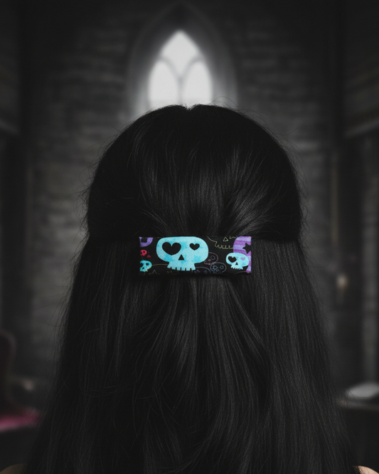 Cute Skull Hair Clip, Leather Lined, 3.25", Barrette, Halloween