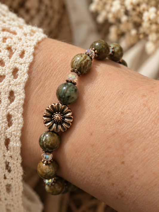 African Opal & Czech Glass Bracelet,  Sunflower Stretch Bracelet, Calming & Grounding, Copper, Gemstone.  6.75 Inch
