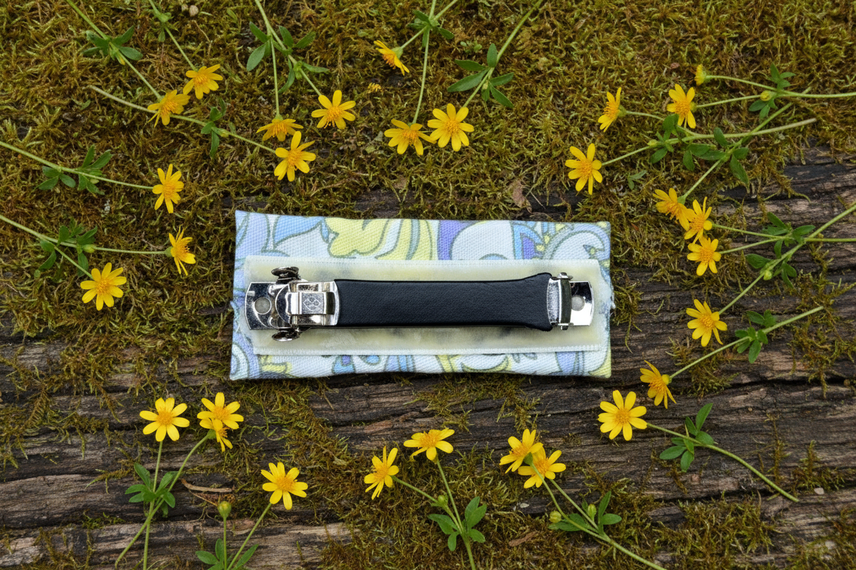 Yellow, Blue & White Floral Boho French Hair Clip, Fabric Clip, 2.50 Inch, Rectangle, Leather Lined Barrette - Harmonyandsage