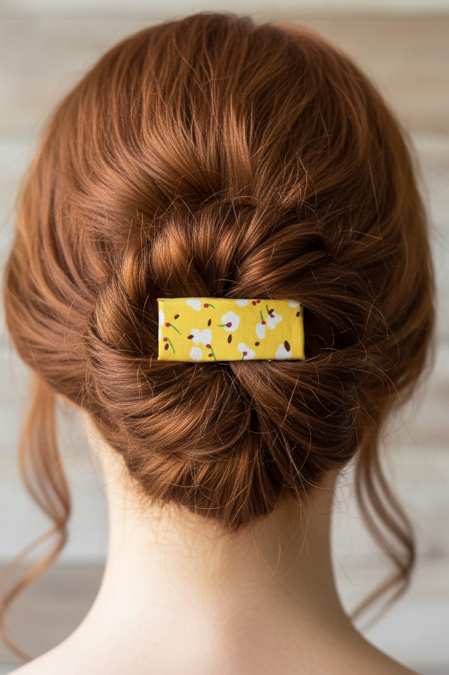 Floral Hair Clip, Yellow, Red & White Floral Boho French Hair Clip, Fabric Clip, 2.50 Inch, Rectangle, Leather Lined Barrette - Harmonyandsage