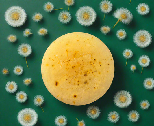 Round yellow soap bar on a textured light gray background