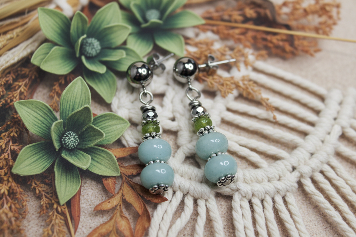 Amazonite & Jade Earrings, Steel, Hypoallergenic, Sensitive Skin, Gemstone Ball Post