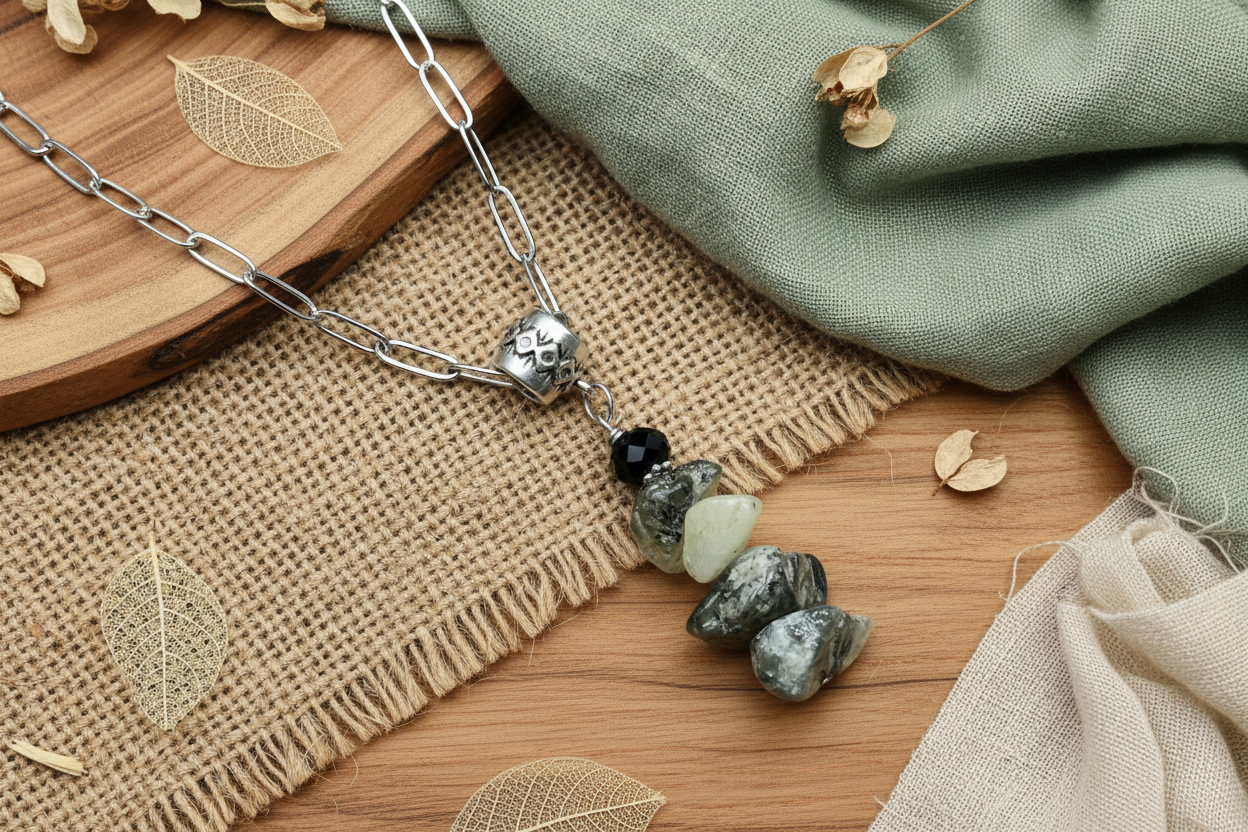 Paperclip Necklace, Steel Gemstone, Green Prehnite