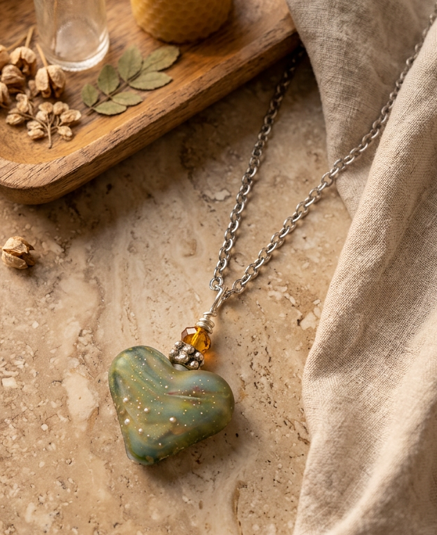Artisan Lampwork Heart Necklace, Fine Silver Heart, 20 Inch, One of a Kind